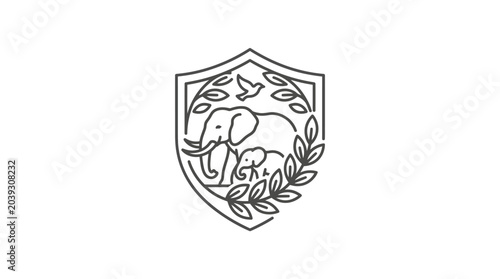 Shield emblem protecting wildlife including an elephant and lion.
