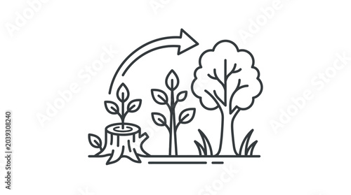 Reforestation cycle icon showing tree growth from stump.