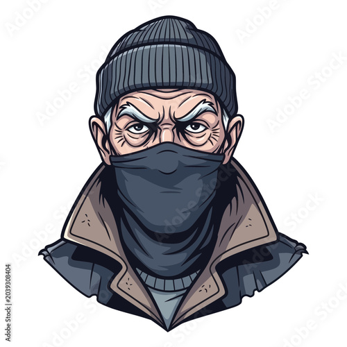 Tableau sur toile Grumpy Old Man Wearing Beanie and Face Mask, Suspicious Look