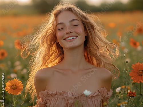 Portrait of happy young woman with freckles smiling in flower field. Golden hour sunset lighting.