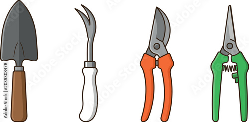 Foto Gardening Tools Icon Set with Trowel Weeder Pruning Shears and Scissors Vector I