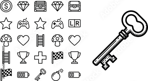 Retro Gaming Icon Set and Vintage Key Vector Illustration for Video Game Interface App and Web Design Element