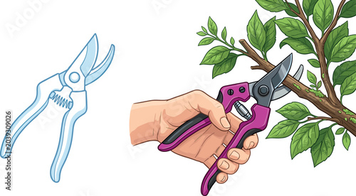 Bild auf Leinwand Hand Holding Gardening Pruning Shears Cutting Tree Branch with Leaves Vector Ill