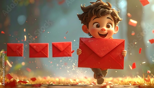 Joyful boy with envelopes