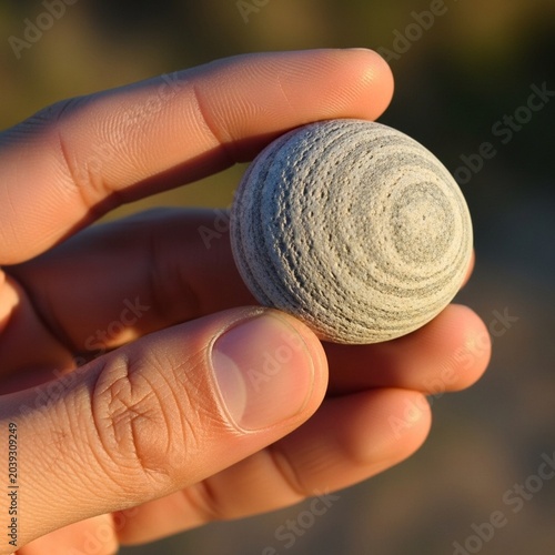 Close-up hand holding smooth spiral seashell in natural sunlight outdoor setting