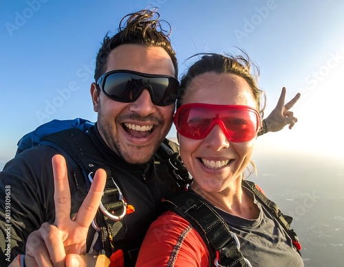 Couple making peace signs while skydiving.