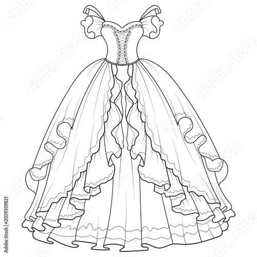 Collection of women's clothing technical sketches showing various styles black and white line art illustration for fashion design. Elegant woman, fashion illustration, line art, puffy sleeve dress,