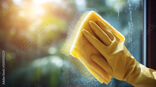 Person wearing yellow rubber gloves cleaning a glass window.