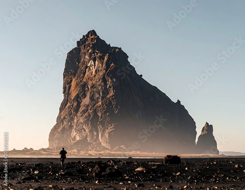 Lone figure and rock spire