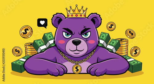 Фотография Wealthy Purple Bear with Crown and Gold Chain Surrounded by Money