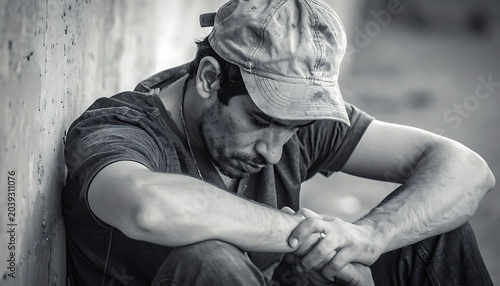 Man in cap sits dejectedly, head bowed, against a wall in black & white, introspective, somber, and in thought