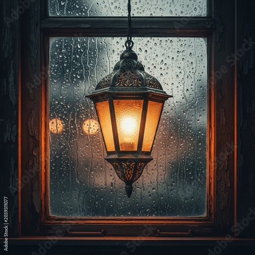 Glowing Lantern Hangs in Rainy Window