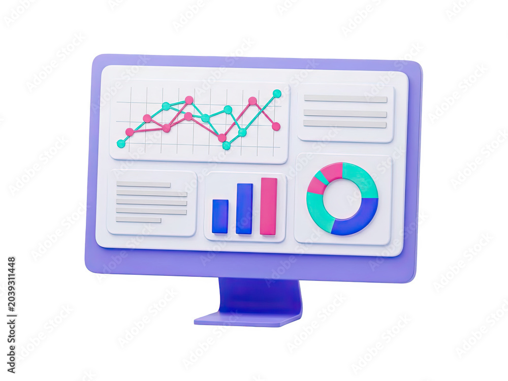 Obraz premium 3D computer screen displaying analytics charts and graphs
