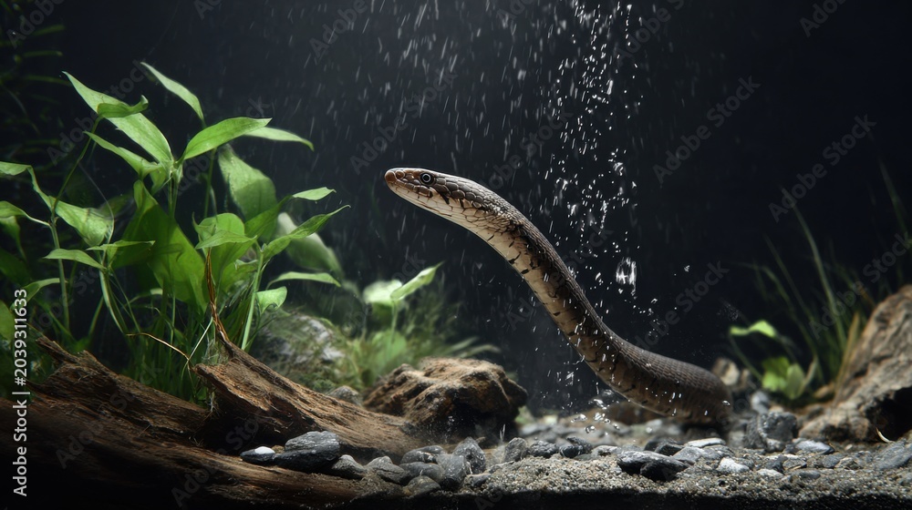 Fototapeta premium Eel Swimming Gracefully in Freshwater Aquarium with Plants