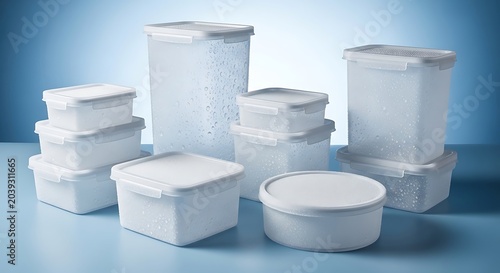 Collection of various sizes of white hermetic seal food storage containers on a light blue background. hermetic seal containers