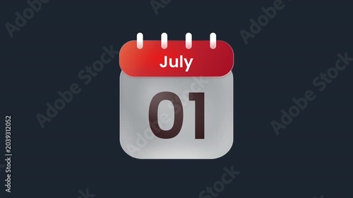 July 1st Glass Effect Calendar Date Animation With Modern Liquid Glass Scheduler Icon Prores Alpha Channel 4K 60fps