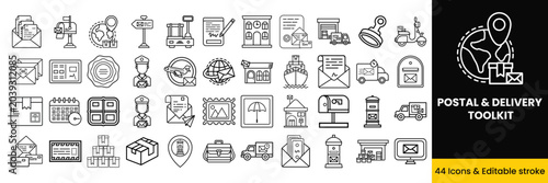 Postal and delivery service line icon set for Mail courier shipping and logistics.