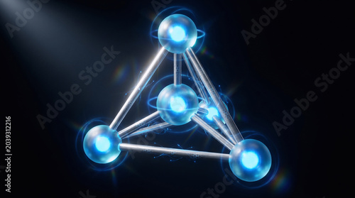 Surgical-grade 3D render of transparent pharmaceutical-blue molecules in a perfect tetrahedral molecular geometry
