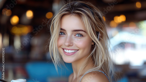 Charming blonde girl laughing in modern coffee shop interior. Close up portrait of cheerful youth woman with radiant smile.