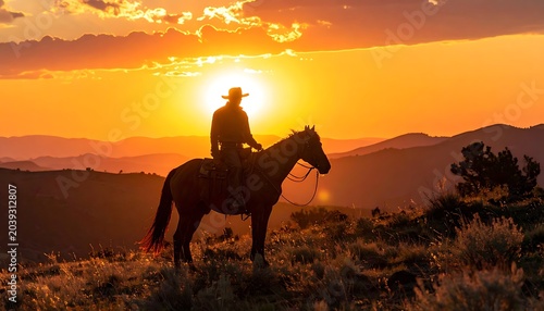 Cowboy Riding Horse at Sunset Landscape.