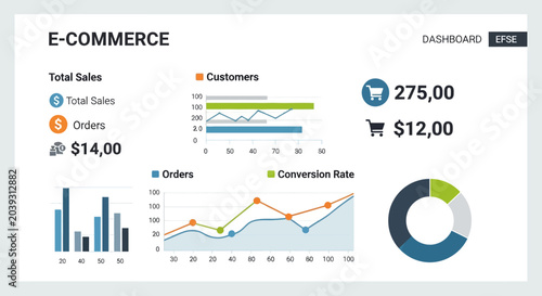 E-commerce dashboard, business analytics, sales charts, vector infographic, data visualization, financial metrics, online store statistics
