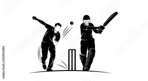 Schilderij op canvas Cricket action silhouette, bowler throwing ball to batsman at wicket, sports ill