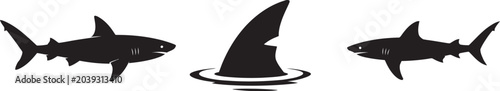 Fotografie Sharks, vector silhouette collection including swimming sharks and surface fin symbols representing marine predators, sea safety awareness, and ocean wildlife in minimalist black style