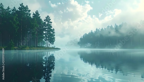 Misty forest lake scene (2)