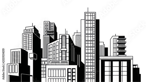 Black and White Hand-Drawn City Skyline Illustration. Monochrome Vector Sketch of Urban Skyscrapers and Metropolis Architecture.