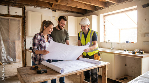 Homeowners and contractor reviewing blueprints in unfinished kitchen renovation, symbolizing teamwork, planning, and collaboration for successful remodeling and construction projects