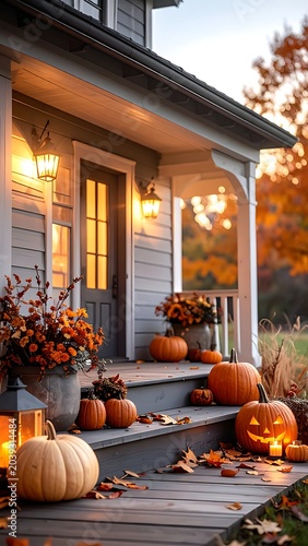 Cozy autumnal house porch with pumpkins.