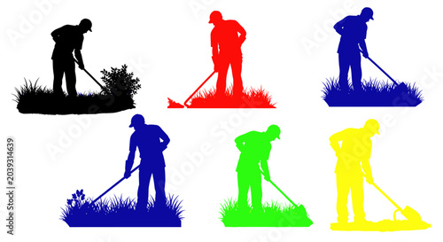 Tableau sur toile People doing lawn care work outside.