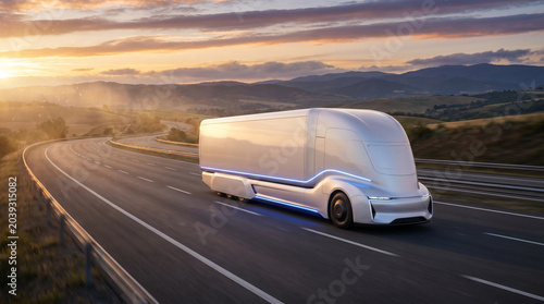 Sleek autonomous electric freight transport truck driving on scenic highway at sunset with rolling hills in the background