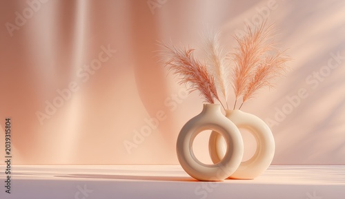 Two modern, donut-shaped vases with fluffy, peach-colored plumes against a soft, shaded background