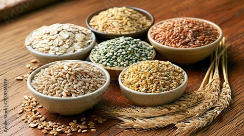 Assortment of healthy whole grains in ceramic bowls on wooden background. Variety of organic cereals and wheat spikes close up.
