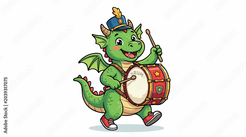 Fototapeta premium Cheerful green cartoon dragon drummer plays a bright drum in a playful fantasy scene for kids and family audiences