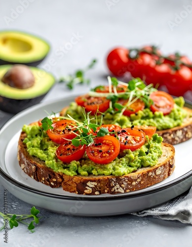 Delicious avocado toast with fresh tomatoes.