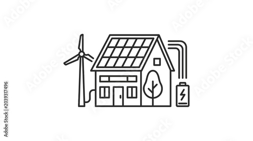 Photography Smart house with wind turbine and battery storage icon.