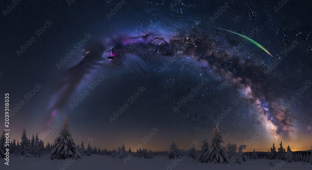 Obraz premium Majestic milky way galaxy arch over a snowy winter forest at night