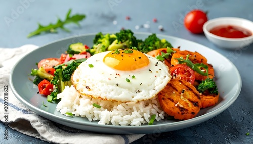 Delicious breakfast plate with egg rice.