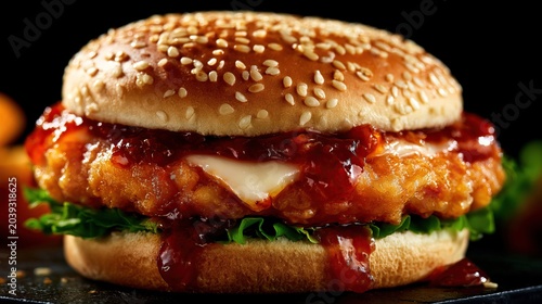 Crispy chicken burger with melting cheese and sweet chili sauce. Delicious fast food sandwich with sesame bun on dark background.