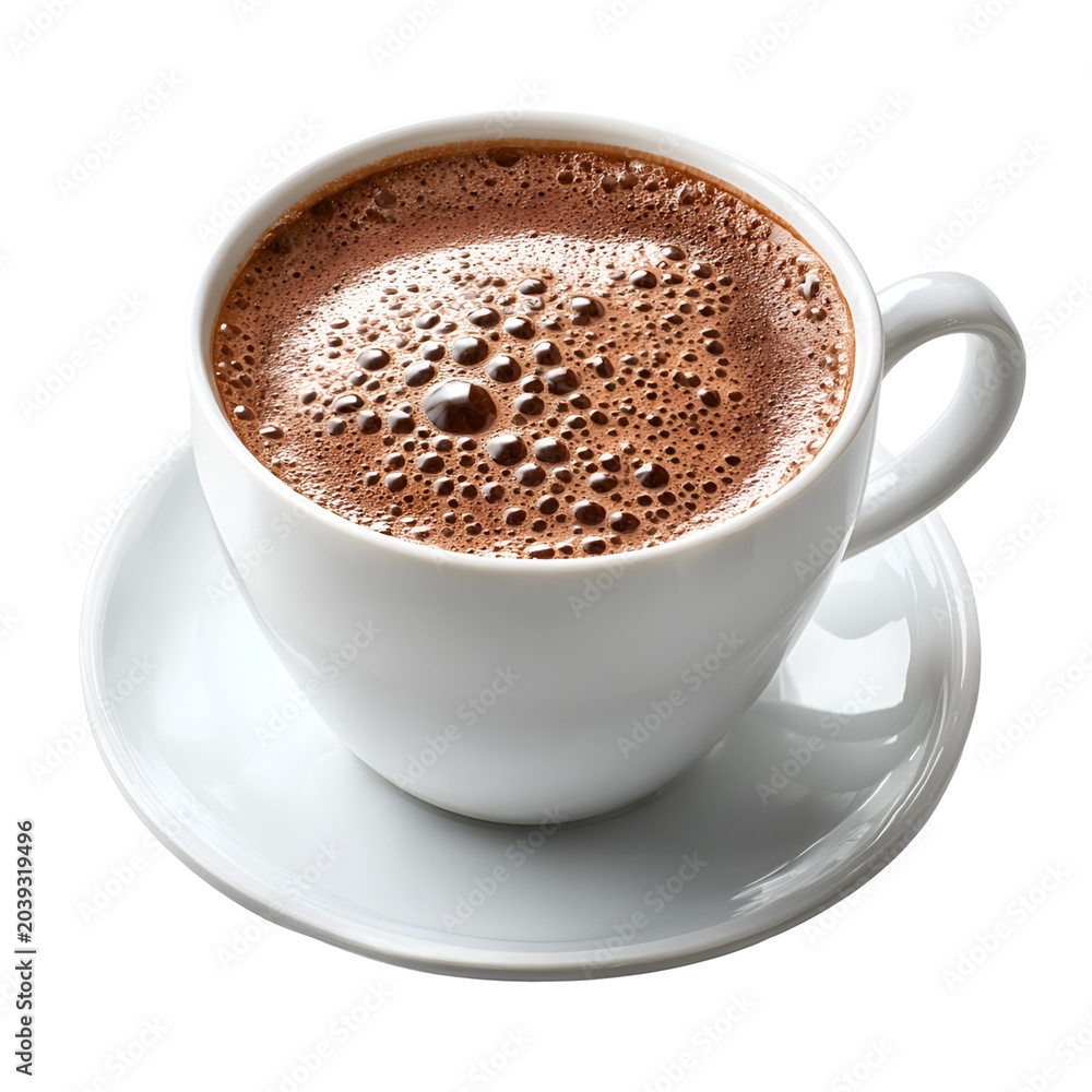 Fototapeta premium Hot cappuccino with latte art in white cup on saucer isolated on white background
