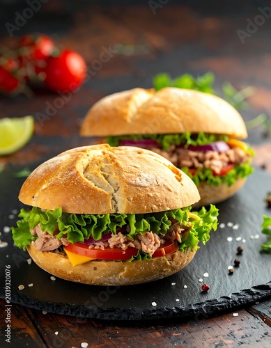 Delicious burgers on a slate plate.