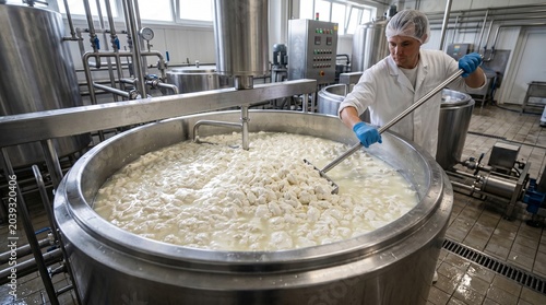 Process of making dairy products in an industrial setting with a worker overseeing the mixture in a large vat