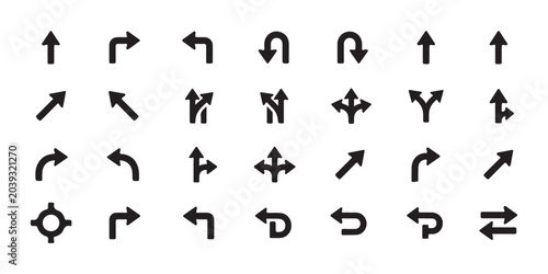 Minimalist road traffic direction arrow icons set