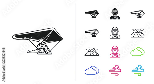 Obraz na płótnie Hang Gliding Icons: Pilot, Glider, Mountains, Clouds, Wind, Adventure