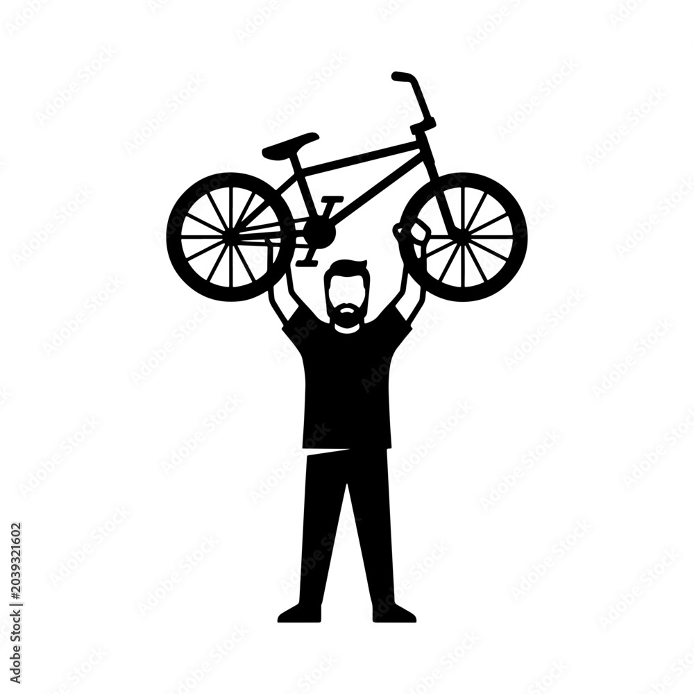 Naklejka premium A minimalist black and white silhouette of a bearded man triumphantly holding a bike over his head, representing cycling passion and success.