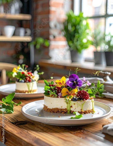 Delicious cheesecake with fresh edible flowers.