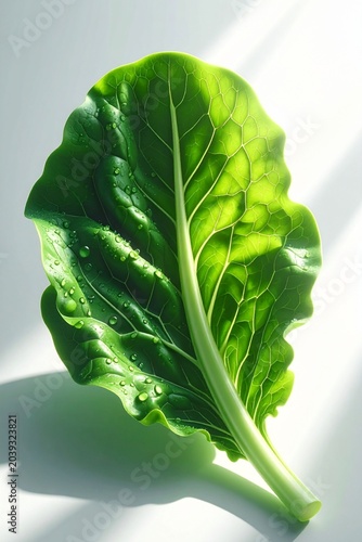 Spinach Leaf Macro: A vibrant, fresh spinach leaf photographed up close, showcasing its intricate veins and glistening dew drops. Bathed in soft, angled light.