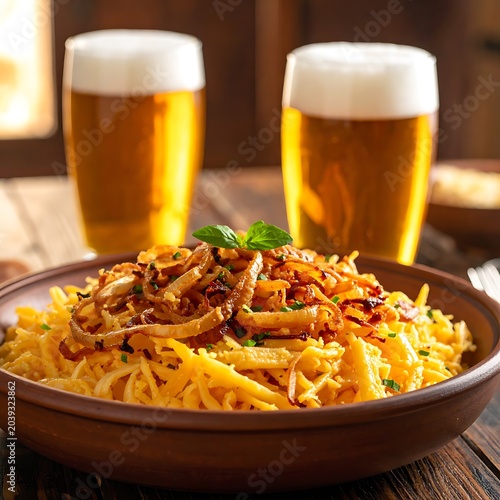 Delicious Chicken Biryani with Beer Glasses.